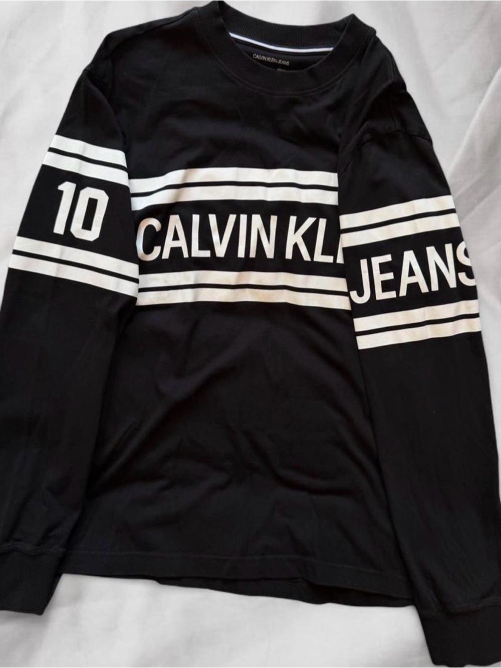 Calvin Klein Black and White Striped Logo Long Sleeve Shirt - Picture 3 of 4